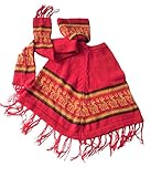Alpakaandmore Girls Peruvian Poncho Set with Hat and Scarf Alpaca Wool 3-5 Years Red (One Size)