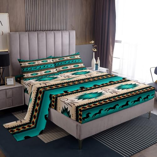 Image of Erosebridal Horse Bed Sheets Dream Catchers Sheet Set for Cowboy Cowgirl,Southwestern Native Aztec Horses Fitted Sheet Bohemian Tribe Flat Sheet King Size Farmhouse Wildlife Bedroom Decor,Green