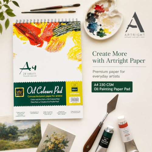 Image of ArtRight A4 Oil Painting Paper Pad - 230 GSM, 100% Cotton, Cold Pressed, 24 Sheets - Ideal for Oil, Acrylic & Mixed Media Art, Textured Acid-Free Art Paper for Artists