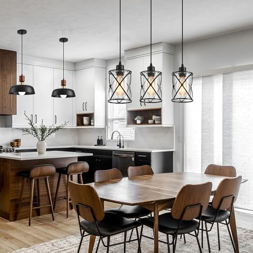 3 Lights Industrial Pendant Light with Glass Shade Matte Black Pendant Lighting Adjustable Industrial Retro Style Hanging Light,Kitchen Island Farmhouse Pendant Lights Fixtures for Kitchen,Farmhouse - Image 3