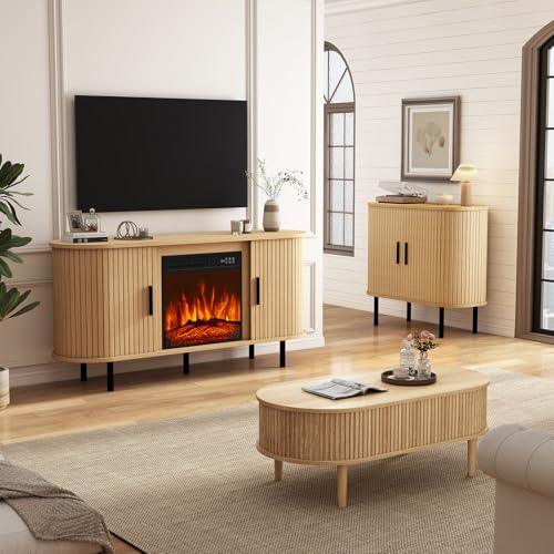 BREEZEHEAT 55'' Mid Century Modern Fluted TV Stand with 18" Fireplace, Curved Fireplace Entertainment Center for TVs Up to 65 Inches, Media Console Cabinet for Living Room/Bedroom, Oak Natural