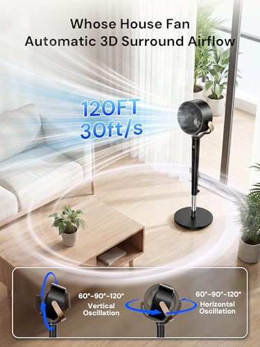 Image of Uthfy 38-46 inch Oscillating Fan for Bedroom, 120+120 Full-Automatic Oscillation, Height Adjustable, 120FT, DC Motor Quiet Standing Fan wit Remote, 16 Speeds, 4 Modes, 12H Timer, Black