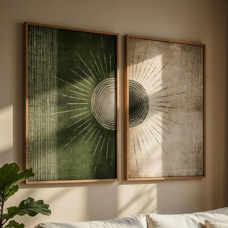 Image of Livin'luxe Modern Sunburst Abstract Wall Painting Set of 2 with Wooden color Frames | Minimalist Geometric Line Art HD Sparkle Laminated MDF Wall Decor | Contemporary Wall Art for Living Room Bedroom