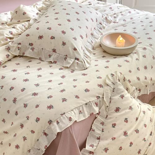 Image of MKXI Twin Size Floral Duvet Cover Set - 3 Piece White Ruffled Bedding with Red Botanical Blooms, 100% Cotton Soft Comforter Cover & Pillowcases, Romantic Shabby Chic Aesthetic, Zipper Closure