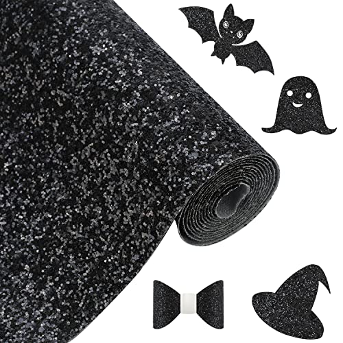 Image of Black Chunky Glitter Fabric Roll 12 x 52 inch Shiny Solid Color Halloween Faux Leather for Making Bows Earrings Crafts (16013#1)