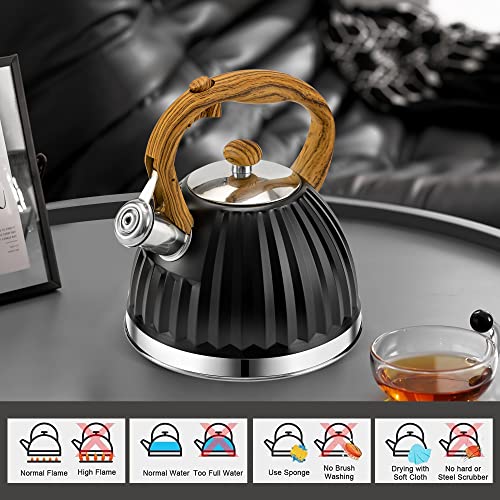 Tea Kettle - Hihuos 2.8Qt Whistling Kettle Stovetop - Stainless Steel Teapot For Stove Top With Heat Proof Ergonomic Handle, Elegance Vintage Tea Pots, 1 Free Silicone Mat Included (Black) #TOP5
