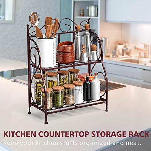Bathroom Countertop Organizer, F-color 2 Tier Foldable Kitchen Spice Rack Counter Storage Shelf Organizer, Bronze
