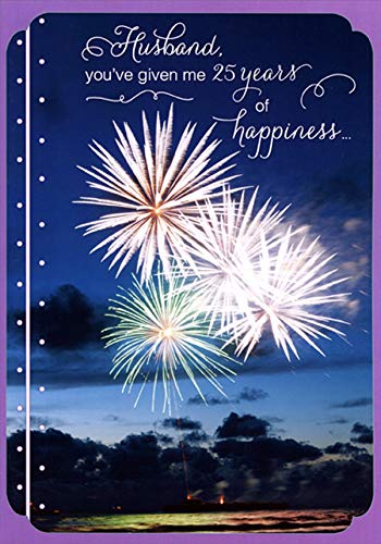 Designer Greetings Fireworks in Dark Blue Sky with Purple Border 25th : Twenty-Fifth Wedding Anniversary Congratulations Card for Husband