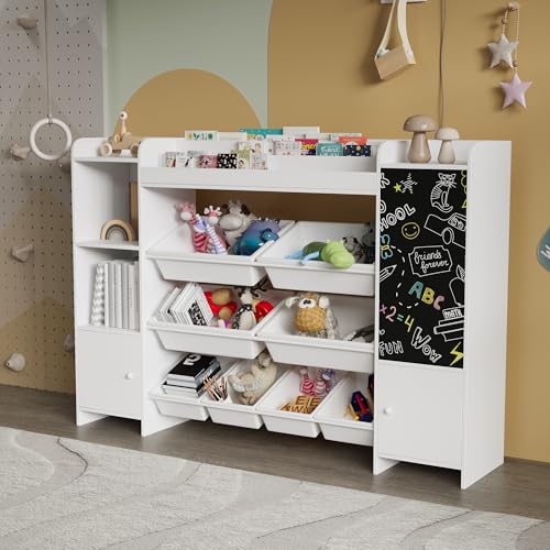TDRTRD - Mueble de almacenamiento para juguetes, 137 x 30 x 94,5 cm, estantería con 8 cajas extraíbles y estantes, organizador de almacenamiento de juguetes con 1 pizarra negra para habitaciones de