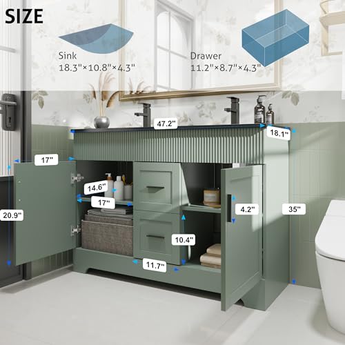 Image of eclife 48 inch Bathroom Vanities Sink Combo with Painted Surface, Modern Drawered Cabinet W /Decorative Wave Lines, Undermount Double Black Sink, Matte Black Faucet Drain, Gray Green