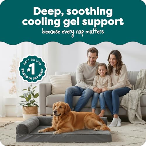 Image of Furhaven Cooling Gel Dog Bed for Large Dogs w / Removable Bolsters & Washable Cover, For Dogs Up to 95 lbs - Plush & Velvet L Shaped Chaise - Platinum Gray, Jumbo /XL