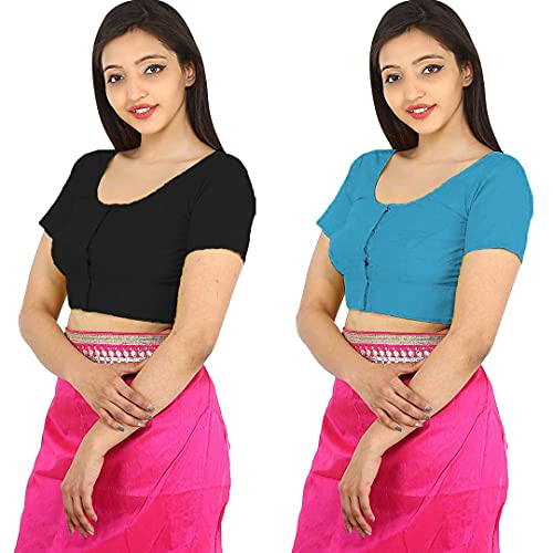 Image of Namita Women's Rubia Cotton Half Sleeve Readymade Blouse (U-COT-COM-2-BLACK-CYAN-36 Black, Cyan 36)