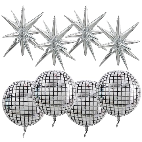 Image of TONIFUL 8 Pcs 22Inch Disco Large 4D Giant Round and Star Balloons Explosion Star Mylar Balloons Set for Backdrop Christmas New Year Birthday Wedding Bridal Shower Anniversary Photo Booth Supplies