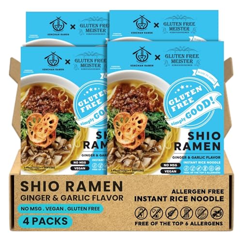 Kenchan Ramen Ginger Garlic Shio Ramen Kit 4 Pack | Gluten Free Japanese Rice Noodles with Umami Shio Soup Base | Vegan, Gluten Free, Air-Dried | No MSG, Non-GMO, Plant Based Noodles
