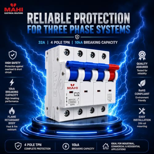 Image of MAHI 32A Four Pole MCB C Curve, Miniature Circuit Breaker with Overload & Short Circuit Protection, 32A Breaking Capacity, Durable Polycarbonate Body for Home & Industrial Use