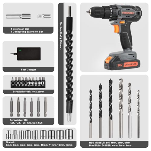 Image of COMOWARE Cordless Drill Set, 20V Electric Power Drill Set,1 Battery & Charger, 3 /8 inch Keyless Chuck, 2 Variable Speed, 266 In-lb Torque, 25+1 Position, Orange