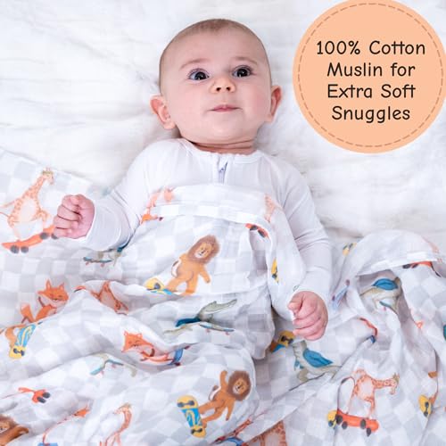 Image of LollyBanks 100% Cotton Muslin Swaddle Blanket, Gentle and Soft Baby Blankets for Boys and Girls, Lightweight 47 x 47 Inches Newborn Receiving Blanket, Newborn Essentials (Animal Skate Print)