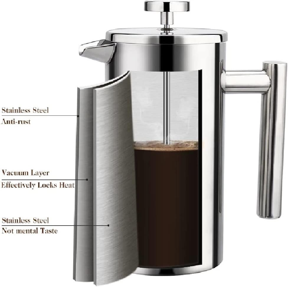French Press Coffee Maker, Double Wall Insulated with 304 Grade Stainless Steel Material with 2 Extra Screens,34oz (1 Litre), Silver