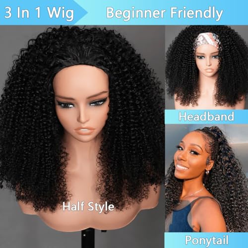 kinky curly half wig human hair 200 density wear go glueless wigs human hair 20 inch curly 3 in 1 half wigs for women drawstring seamless flip headband wig beginner friendly