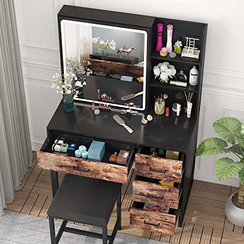 Pakasept Vanity Set With Sliding Lighted Mirror, Vanity Desk Makeup Vanity Dressing Table With Led Lights, 4 Drawers, Hidden Shelves & Cushioned Stool For Bedroom #TOP3