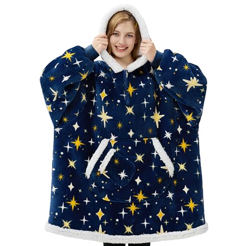 Image of Giggling Getup Wearable Blanket Hoodie for Adults Gifts for Teen Girls Sister Women Sherpa Fleece Printed Hooded Blanket Sweatshirt Warm Cozy with Pocket & Sleeves Dark Blue Glowing Stars