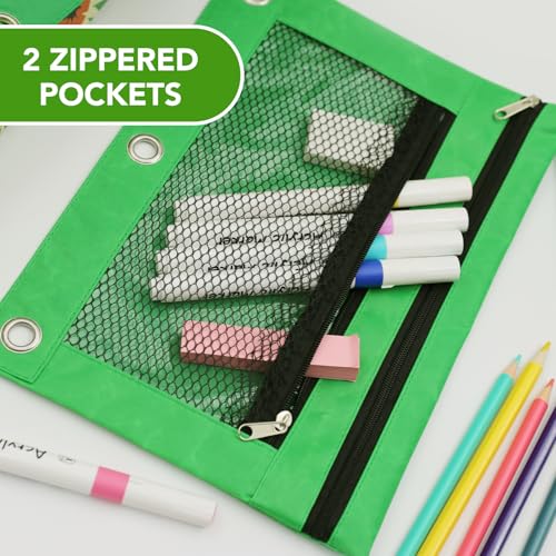 Image of Pencil Pouch for 3 Ring Binder, Heavy Duty Canvas Dual Zipper Pen Bag with Clear Window, Smooth Metal Zipper, Fit Standard 3-Ring Binders for School Office Travel Supplies (Green)