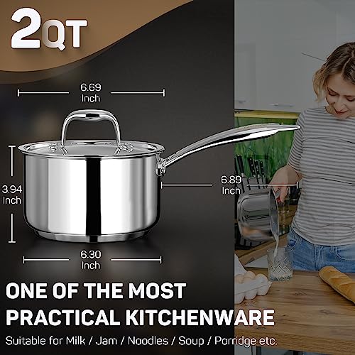 Ciwete 2 Quart Saucepan With Lid, 18/10 Stainless Steel Pot, 2 Qt Sauce Pan, Small Pot For Cooking, Induction Cookware For Home Kitchen Dishwasher Oven Safe #TOP4