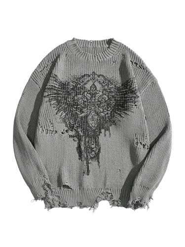 Men's Ripped Goth Sweaters Long Sleeve Frayed Knitted Grunge Punk Pullover Tops