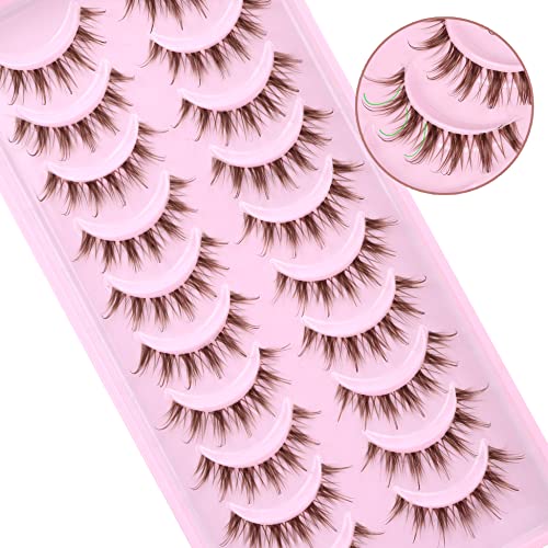 Brown Lashes Spiky Manga False Eyelashes Natural Look 13MM Fake Lashes with Brown Color 3D Wispy Fluffy Curly Faux Mink Eyelashes Pack 10 Pairs