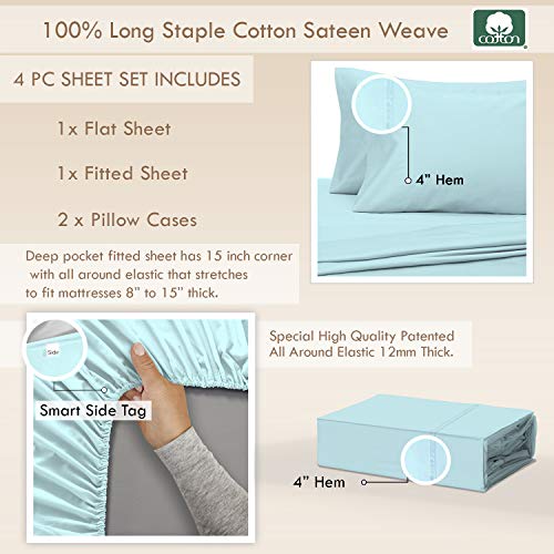 Pizuna 400 Thread Count Ice Aqua Cotton King Sheet Set, 100% Long Staple Cotton Cool Sheets, Satin Bed Sheets Deep Pocket fit Upto 15 inch (Ice Aqua Green King Cotton Sheets)