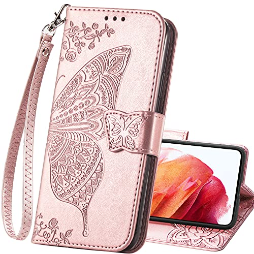 Wallet Case for Samsung S22 Ultra,PU Leather Wallet Flip Protective Phone Case Wrist Strap Card Slots Holder Pocket Emboss Butterfly Flower Stand Case for Samsung Galaxy S22 Ultra Rose Gold