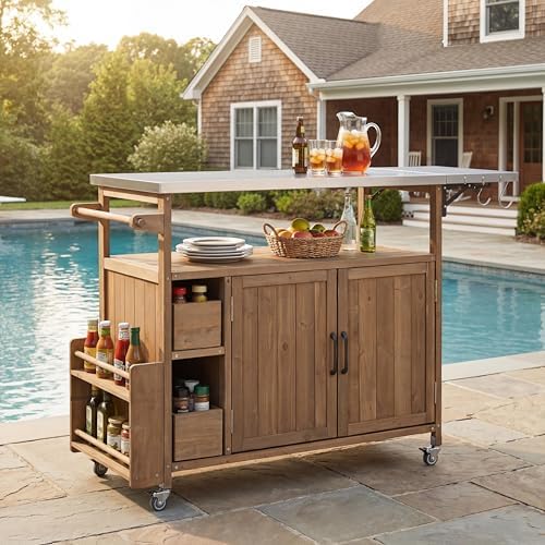 Christopher Knight Home Edsel Outdoor Bar Cart with Stainless Steel Top and Lockable Wheels, Solid Wood Outdoor Storage Cabinet, Kitchen Island Serving Cart for Poolside, Gard...