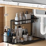 JTWEB Under Sink Organizers and Storage, L-Shaped 2-Tier Pull-Out Painted Steel Storage Rack, Kitchen Item Organizer, Bathroom Cabinet Organizer for Storing Under Kitchen and Bathroom Sinks (Black)