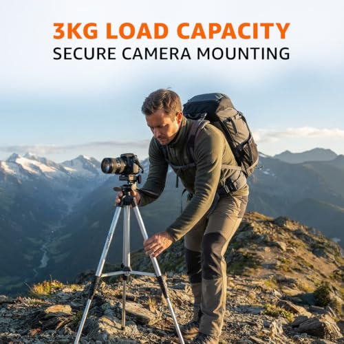 Image of Amazon Basics 55 Inch Aluminum Tripod Stand, Lightweight Adjustable with Phone Holder, 3-Way Pan Head, Bubble Level, Carry Bag, Compatible with Smartphones, GoPro, DSLR Cameras (5kg Load Capacity)