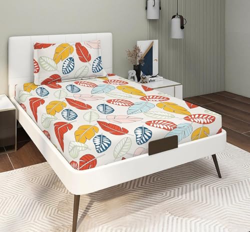 Image of Bedsheet for Single Bed, Home Bedding Cotton, Single bedsheet Pillow Cover Set, Orange & White
