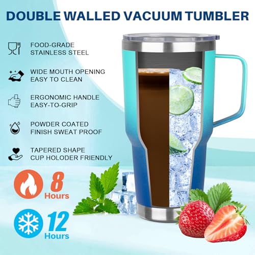 Image of 30 oz Tumbler with Handle, Stainless Steel Insulated Tumbler with Lid and Straw, Double Wall Vacuum Insulated Coffee Mug Tumbler, Insulated Coffee Thermal Cup for Cold and Hot (Light Dark Blue)