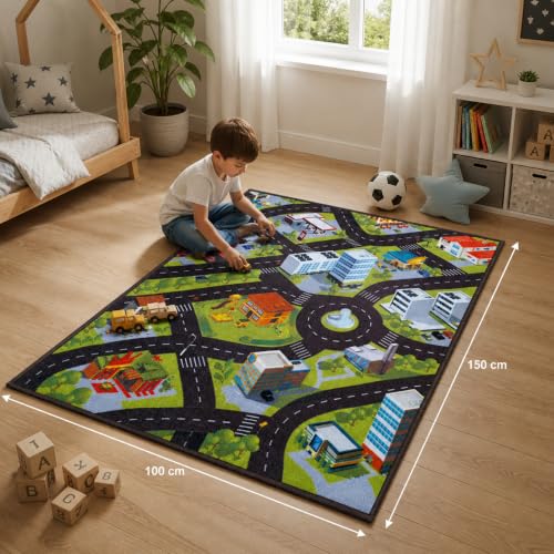 Image of Matz&More Kids Play Area Rug | 100x150 cm | Green Kids Track Adventure Design | Soft Nylon Loop Pile Carpet with Anti-Slip Backing | Children's Play, Bed & Classroom Floorings