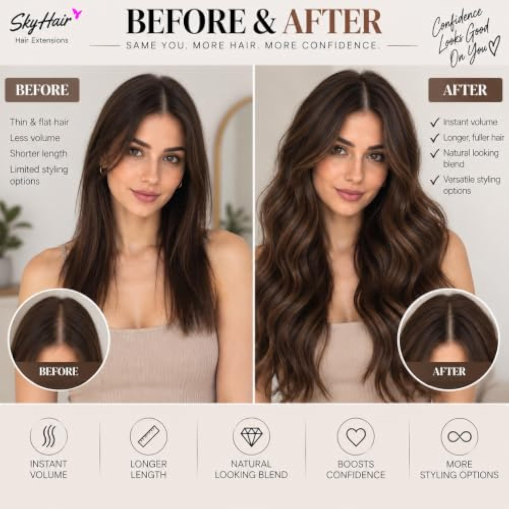 Chocolate Brown 6 Pieces Clip-In Hair Extensions Set