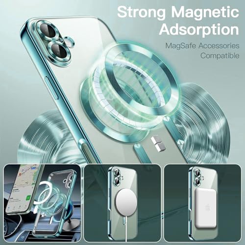 Image of Elzzi Electroplated Transparent Clear Logo Back Cover for iPhone 16 Plus, TPU Cover, Magsafe Compatible, Full Body & Individual Camera Protection for Each Lens Bumper Cases for Men, Women (Green)