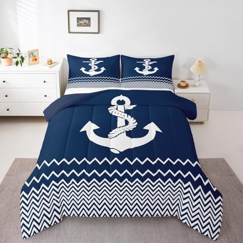 jejeloiu Anchor Decor Comforter Set King Size Geometric Stripes Bedding