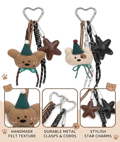 Image of embroidery 2Pcs Bag Charms for Handbags, Bag charms, Two Piece Keychain Set, Cute Accessories for Bag Decoration, White and Brown Color Combination, Sentimental Gift for Teenage Girls and Young Women