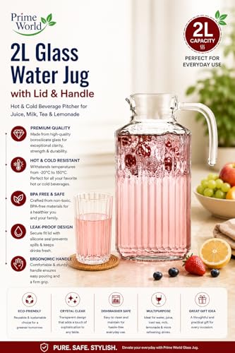 Image of PrimeWorld 2L Ribbed Glass Water Jug with Transparent Lid & Handle | Hot & Cold Beverage Pitcher for Juice, Milk, Tea & Lemonade | Stylish Glass Carafe for Home & Kitchen