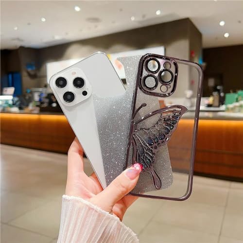 Mobistyle Designed For Iphone 13 Cover With Luxury Glitter Cute Butterfly Plating Design Aesthetic Women Teen Girls Back Cover Cases For Iphone 13 (Butterfly | Black) - Silicone