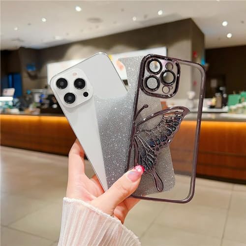Mobistyle Designed For Iphone 13 Cover With Luxury Glitter Cute Butterfly Plating Design Aesthetic Women Teen Girls Back Cover Cases For Iphone 13 (Butterfly | Black) - Silicone