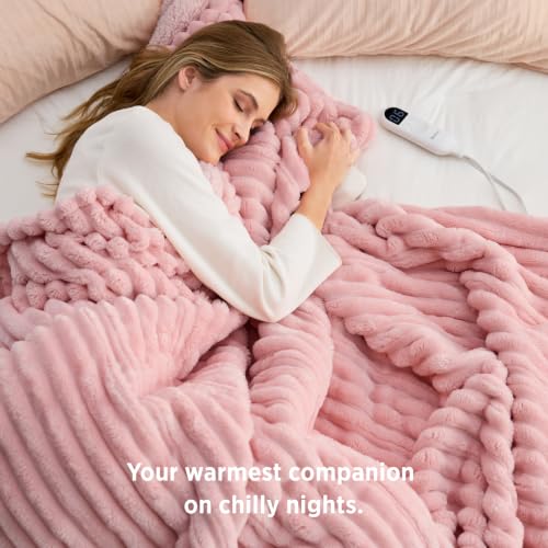 Image of Bedsure Thick Electric Blanket Twin, Pink Heated Blanket Throw with Preheat