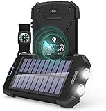 ⚡【Robust & Langlebig】 Die Solar Powerbank ist nach IPX4-zertifiziert, spritzwassergeschützt, staubdicht und stoßfest. Sie besteht aus hochwertigen, feuerfesten, robusten und langlebigen Materialien. Durch die rutschfesten Kappen an allen 4 Ecken liegt die Solar Power Bank jederzeit gut und sicher in der Hand. Alle Anschlüsse sind durch Gummi-Kappen gegen Spritzwasser und Staub geschützt. Zusätzlich kann die Power Bank auch durch die integrierte Doppel-LED als Taschenlampe genutzt werde.