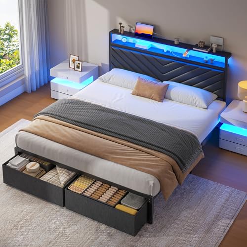 Image of Fluest Queen Bed Frame with 2 Drawers, Upholstered Headboard with Storage and Charging Station, LED Lights, Fabric Drawers with Wheels, Under Bed Storage, No Box Spring Needed, Easy Assembly, Black