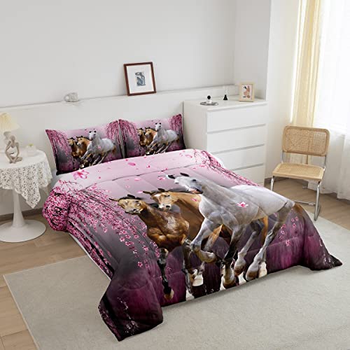 Girls Horse Full Size Comforter Set Cherry Blossom Galloping Horse Bedding Set For Kids Boys Teens Western Horse Duvet Comforter Floral Animal Decor Horse Gifts For Girls Quilt Set Bedroom 3Pcs,Pink #TOP1