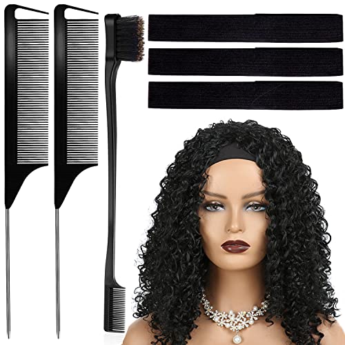 Hair Comb And Elastic Band For Wig Edge, Adjustable Lace Melting Band Wrap To Lay Edges And 2 Rat Tail Comb Stying Combs Braiding Combs For Parting 1 Dual Edge Brush With 4 Hair Clip (Black) #TOP24