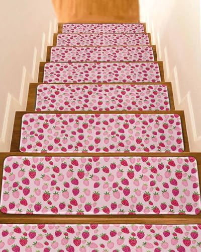 Stair Treads for Wooden Steps Indoor, Strawberries on Pink Background